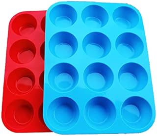 JEWOSTER Non-Sticky Silicone Muffin Pan—Muffin Molder for Muffins and Cupcakes—Cupcake silicone molder—Baking Accessory—12 X Muffin Molders (12-Red+Blue)