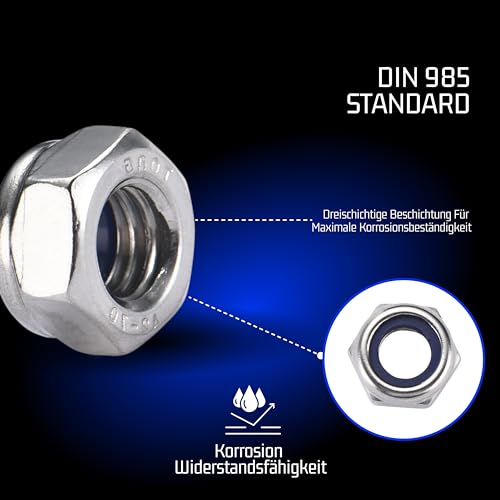 Bolt Dropper M8 Muttern Set - 100 Lock Nut DIN 985 A2 aus Edelstahl mit Nyloneinsatz in Blau - rostfrei - Ideal für Industrie, Modellbau, Maschinenbau, Hobby-/Heimgebrauch, 100 Stück