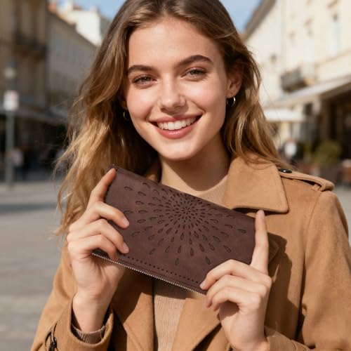 Image of APHISON Wallet Women Large Capacity Clutch Purse For Ladies Card Holder RFID Wristlet Phone Zipper Coin Travel Pocket, 01-coffee, 8.2 inch x 4.33 inch x 1 inch