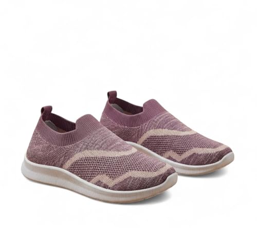 Image of Women's Slip-On Knit Sneakers, Purple Lightweight Casual Walking Shoes with White Sole