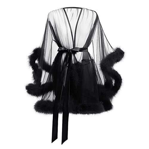 Sexy Tulle Feather Illusion Bridal Robe Sheer Mesh Fur Lingerie Maternity Bathrobe Wedding Scarf Party Nightgown