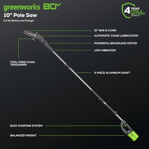 Greenworks 80V 10" Cordless Polesaw (Great For Pruning and Trimming Branches / 75+ Compatible Tools), 2.0Ah Battery and Charger Included
