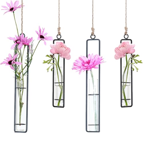 Vase en Verre en fer Forgé,Tianher 4 Pcs Noir Vase Mural en Verre Végétal Tube à Essai en fer Forgé Convient aux Vases de Décoration Murale pour Petites...