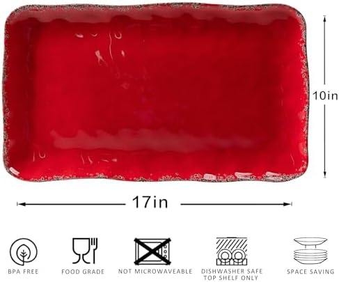 Melamine Serving Platters, set of 2, 17" x 10" Large Reusable BPA Free Rectangular Party Tray/Platters for Serving Appetizers, Fruits, Durable and Dishwasher Safe, Christmas Red