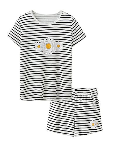 Image of Cozchique Summer Pajamas for Girls - Stripe & Glittering Heart PJS Pal Cute Jammies Set Big KidsSize 6-16
