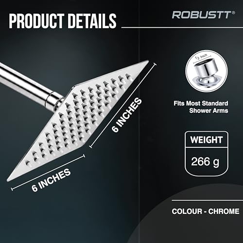Image of Robustt 6x6 inch High Pressure Overhead Shower Head for Bathroom With 7.8 inch Shower arm | 360 Rotatable Neck | Anti-Rust Chrome Finish ABS Body | Anti-Clog Easy Clean Silicone Nozzles Bath Shower