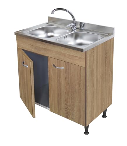 Mueble de cocina de 2 puertas con fregadero inoxidable 80, 2 bañeras para debajo del fregadero modular.