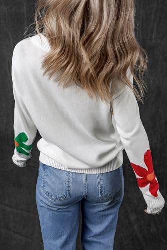 Women's White Floral Pattern Crew Neck Sweater2