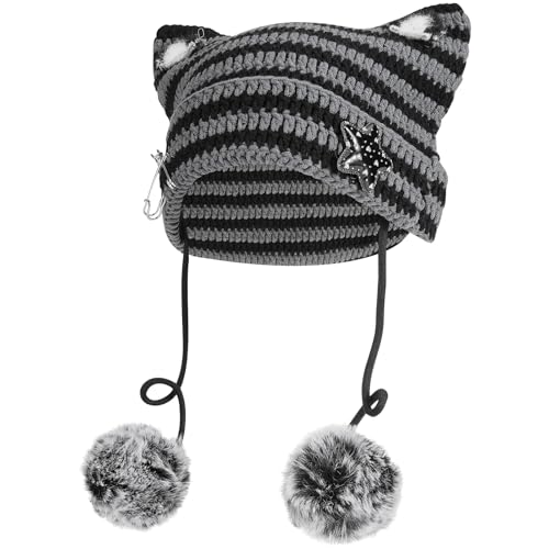 Cat Ear Beanie Y2K Hat, Women Girl Emo Crochet Striped Grunge Goth Star Pom Aesthetic Knit Kawaii Alt Cute Slouchy Skull Cap (Black Grey)