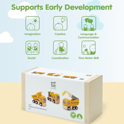 Image of PlanToys Highway Maintenance Wooden Montessori Vehicle and Imaginative Play Set | Creativity, Language and Social Skill Building Activity | Eco Friendly Construction Truck Set