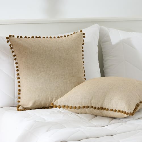Image of 100% Cotton Pom Pom Cushion Without Filler, Elegant & Modern Cushion Cover for Living Room, Square Shape, 20 inchx20 inch, uni Chambray, Set of 5 - Bronze