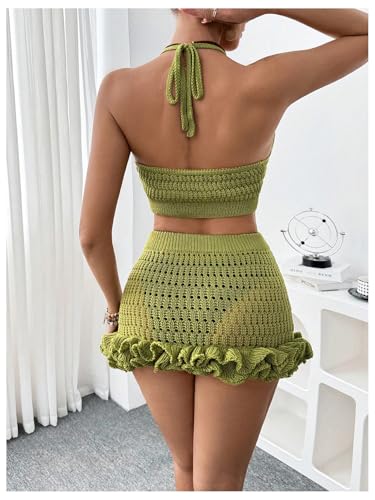 SHENHE Women's Swimsuit Cover Up Set 2 Piece Crochet Crop Halter Tops Ruffle Skirt Beach Outfits2