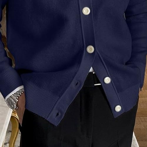 Cable Knitted Cardigan Sweater for Men Lightweight Open Front V Neck Sweaters Button Long Sleeve Solid Knitwear (3X-Large,Dark Blue)4