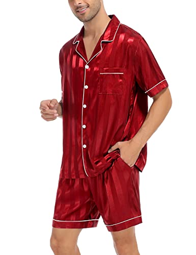 Image of SWOMOG Satin Matching Pajamas Sets Couple Silk Button Down Nightwear Women & Men Short Sleeve Sleepwear 2 Pieces Loungewear