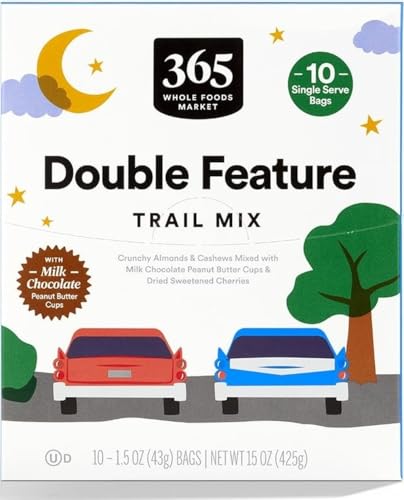 DOUBLE FEATURE CRUNCHY ALMONDS & CASHEWS MIXED WITH MILK CHOCOLATE PEANUT BUTTER CUPS & DRIED SWEETENED CHERRIES TRAIL MIX, DOUBLE FEATURE WITH MILK CHOCOLATE PEANUT BUTTER CUPS & DRIED SWEETENED CHERRIES