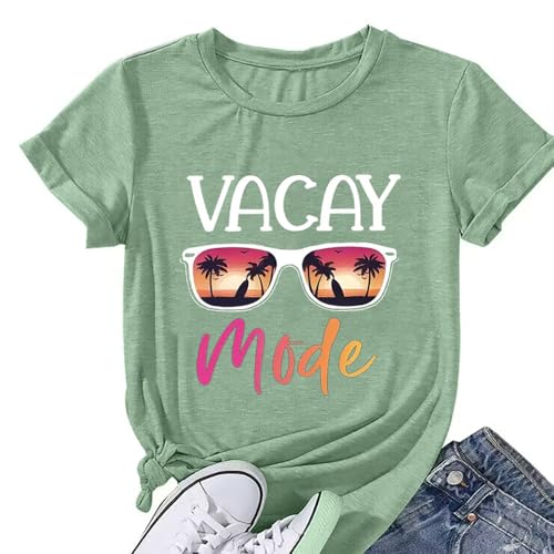 Image of Vacay Mode T Shirts for Women Summer Beach Hawaii Vacation Short Sleeve Tops Holiday Cruise Getaway T Shirts