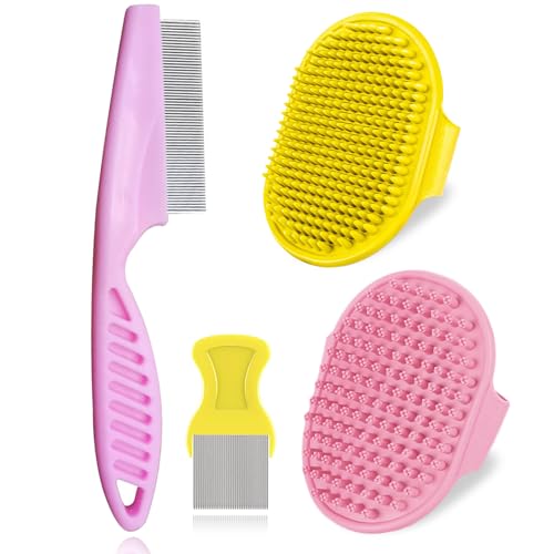 4Pack Pet Grooming Brush Kit, Aoche Dog Bath Brush Flea Comb for Dogs Pet Shampoo Brush Soothing Massage Rubber Comb Flea Lice Comb Cat Tear Stain Comb Dog Brush for Shedding, Pink+Yellow