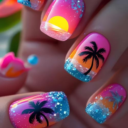 Summer Press on Nails Short Square Fake Nails with Summer Sunset ...