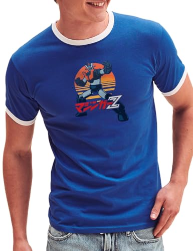 Camisetas EGB Camiseta Cuello Blanco JAPÓN Mazinger Z  Ochenteras 80´s Retro Comic Tallas Especiales (Azul, M)