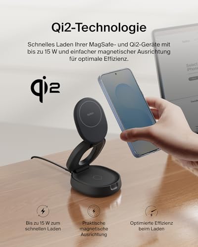 Belkin BoostCharge 2-in-1 Induktive Ladestation mit Qi2, 15W, MagSafe-kompatibles Ladegerät, Kabellose, Kompakte, Verstellbare… – Ansicht 5
