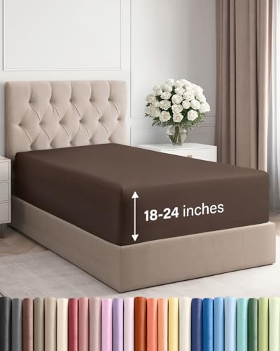 Image of Extra Deep Twin Fitted Sheet - Single Fitted Sheet Only - Brown | Easily Fits 18 inch to 24 inch Mattress, Soft, Wrinkle Free, Breathable & Comfy, Extra Deep Pockets Hotel Luxury Fitted Sheet