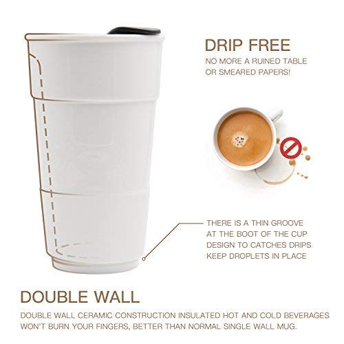 Udmg Ceramic Double Wall Insulated Travel Coffee Cup With Slider Lid, Silicone Sleeve & Built-In Coaster, 10 Fl.oz (Coffee) #TOP1