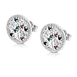 Pendientes de aro con árbol de la vida para mujer, de plata 925 con circonitas de colores, pendientes redondos elegantes de 1,3 cm, hipoalergénicos, idea de regalo para mujer o niña