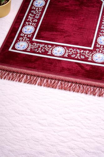 Image of Janamaz Prayer Mat Turkey Soft Velvet | Namaz Mat, Janimaz Namaz Aasan, Islamic Prayer Rug for Salah | 70x110 CM (Printed Red2)