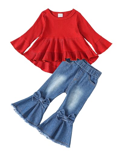 Image of Kucnuzki Toddler Baby Girls Clothes Long Sleeve Shirt Top Flare Denim Jeans Cute Outfit Baby Girl Fall Winter Clothes