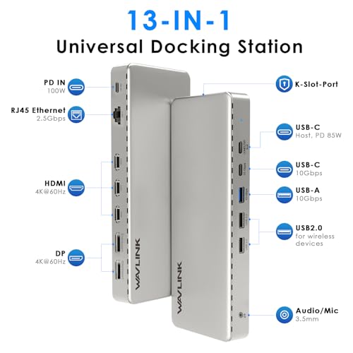 Image of Docking Station 3 Monitors,WAVLINK SM770 Docking Station with Triple HDMI, Dual DP, 100W PD in,10Gb USB A&C,2.5G Ethernet,Compatible with MacBook Neo /Mac OS, SMI Driver & Host USB3.2 Gen 2 Required