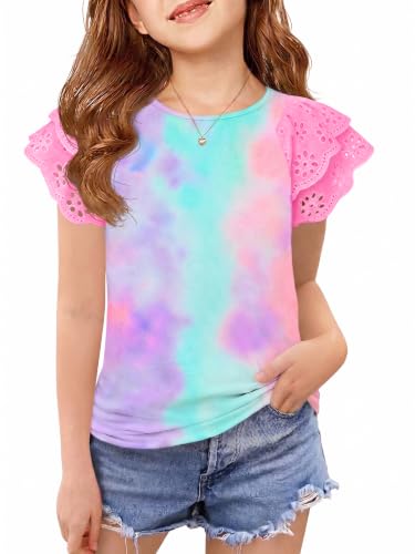 Image of Haloumoning Girls Ruffle Sleeve T Shirts Summer Short Sleeve Casual Cute Crewneck Tops Tees 5-14 Years