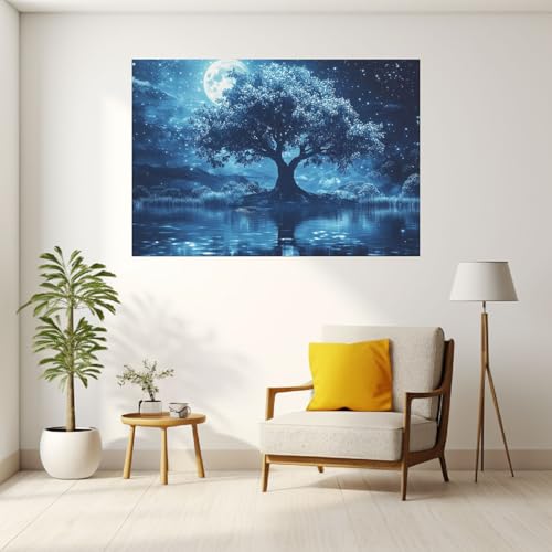 Impression sur toile arbre et lune bleu déco murale intissée - 3