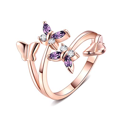 Women's Adjustable Open Rings Butterfly Shape Purple Crystals Rings for Women Jewelry Dainty Butterfly Rings Expandable Open Butterfly Ring
