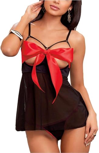 JuicyRose Women Unwrap Me Lingerie Sets Sleepwear, Valentines Day Gifts for Him Babydoll Chemise (Black, 3XL)