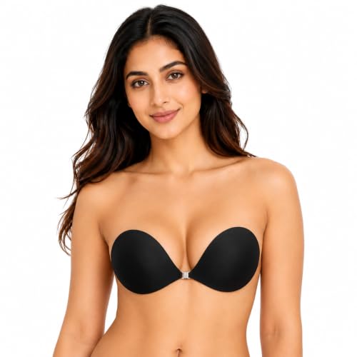 Image of KASHIVAL Women's Strapless Adhesive Bra, Reusable Silicone Push-Up Sticky Bra with Front Clip Closure for Backless and Halter Neck Outfits Fee Size