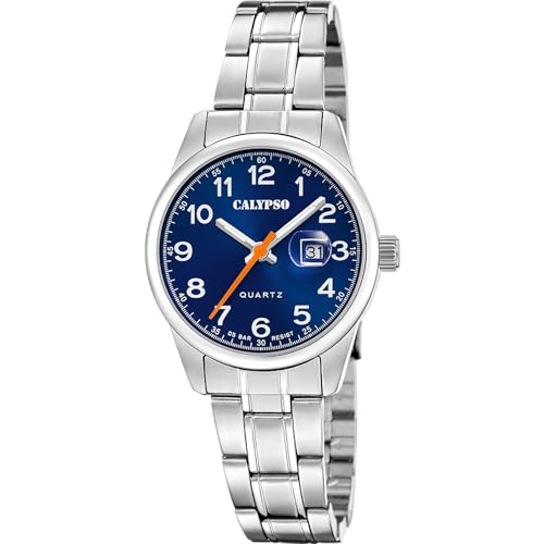 Imagen de CALYPSO Reloj Mujer Analógico de Acero Inoxidable 316l Plateado Movimiento de Cuarzo Cristal Mineral de Alta Resistencia Resistente al Agua 5 ATM Calendario K5873