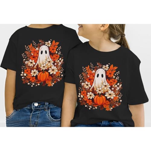 Image of GLIGLITTR Girls Halloween Ghost T Shirt Pumpkin Floral Graphic Tee Tops Kids Spooky Season Casual Short Sleeve Shirt