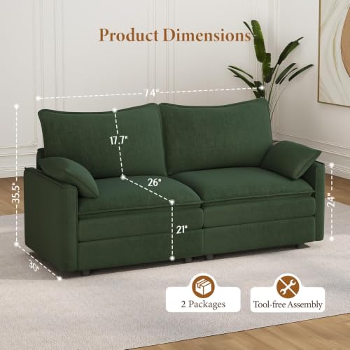 Image of Vesgantti 74 inch Deep Seat Loveseat Sofa, Small Cloud Couch Sectional, Green