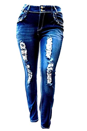 Jack David Womens Plus Size Distressed Ripped Destroy Blue Denim Jeans Skinny/Bootcut Pants (24, N596-R Blue Skinny)