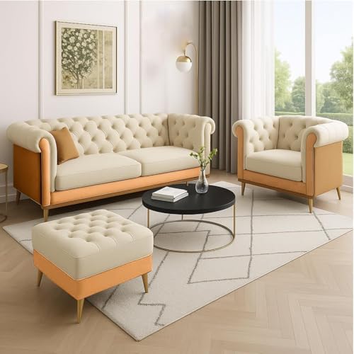 Image of Classic 3+1= 4 Seater with Footrest Seater Sofa Set Luxury Chesterfield Modern Fahionalable Sleeper Sofa for Living Room, Dining Room, (Beige Brown A1)