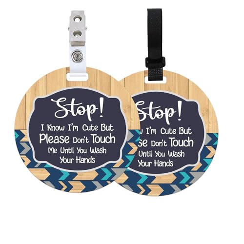 Image of INFUNLY 2 Pack Do Not Touch Signs Stroller Tag Wood Grain Words No Touching or Kissing Car Seat Signs Stop Touching Safety Sign Wash Your Hands Car seat Tags for Carriage Stroller Backpacks