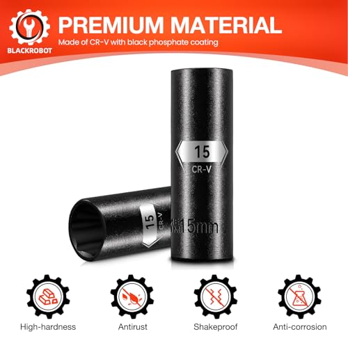 Image of BLACKROBOT 1 /2 Inch Drive 6-Point Deep Socket, 15mm Deep Impact Socket, CR-V Steel