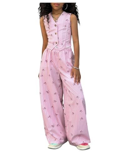 Image of Floerns Girl's 2 Piece Outfits Elegant Striped Sleeveless Suit Vest & Long Elastic Casual Pants Set