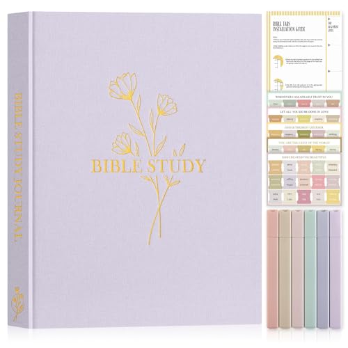 Lanpn Bible Study Journals for Women with Tabs & Highlighters, Church Notes Taking Daily Devotional Journaling, Linen Bible Prayer Guide Notebook Christian Religious Faith Based Gifts, Purple