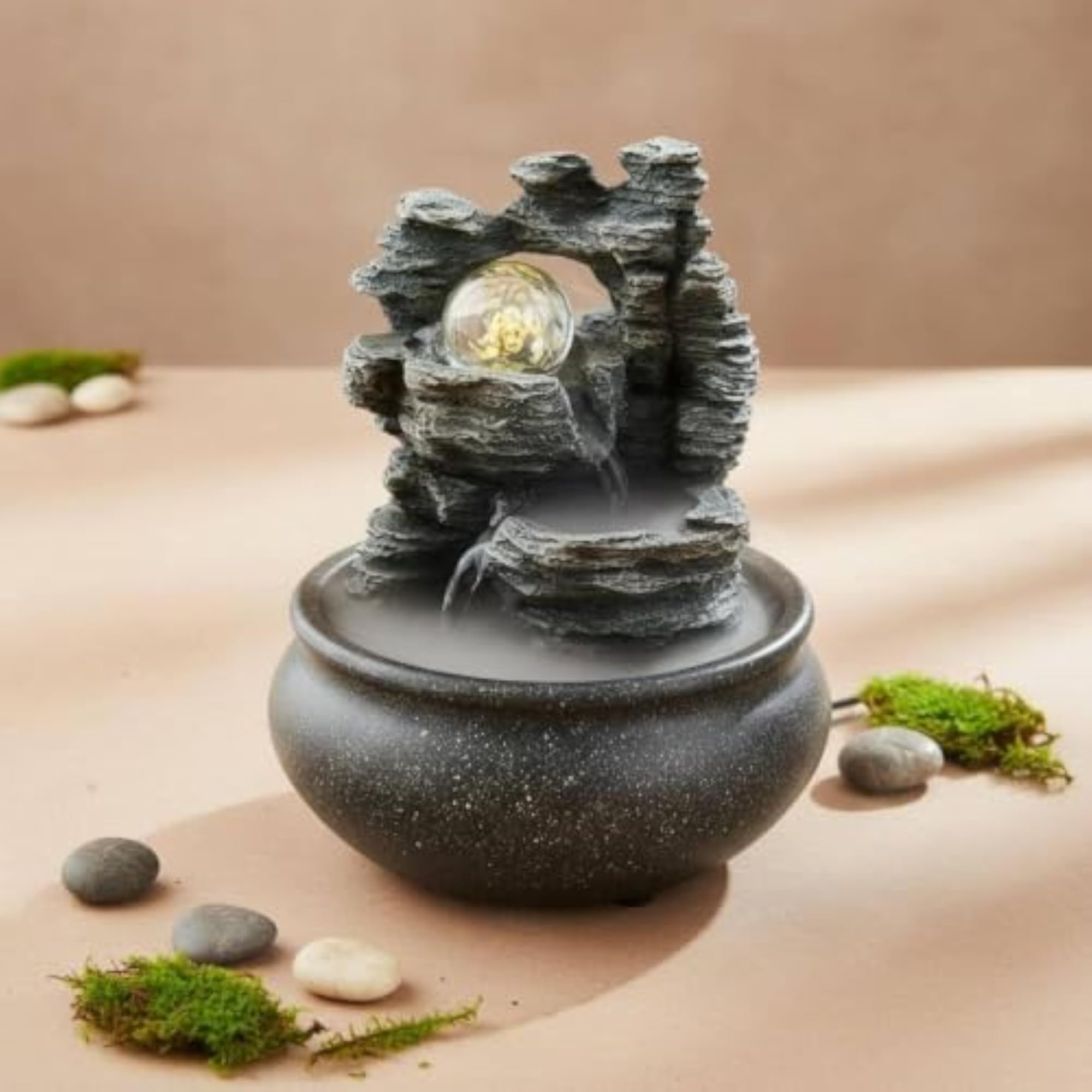 Compact Indoor Water Feature with Light, USB Powered Decor