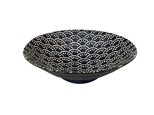 Grand Bol Donburi Japonais en Céramique Mino-yaki, 25x7,7cm, Motif Traditionnel Vagues Seigaiha, Bleu, Fabriqué au Japon K13371 Cover
