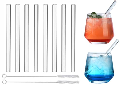 VITEVER Wiederverwendbar Glasstrohhalme 6 in x 10 mm Kurze gerade Klarglas-Cocktailstrohhalme für Whiskey Kaffee Soda Wasser Packung mit 8 mit Bürste