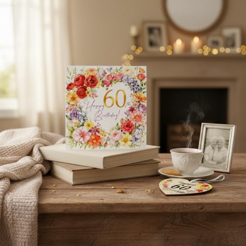 Runovate 60th Birthday Gifts for Women, 60th Birthday Card for Women with Wooden Heart Plaque, 60th Flower Happy Birthday Card with Envelope and Plaque for Mum Wife Sister Daughter - Image 6