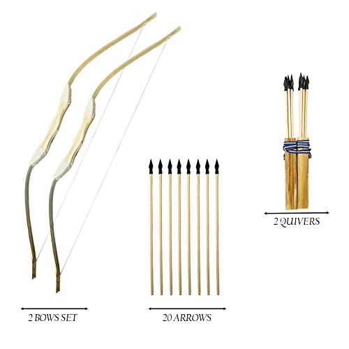Lalaport 32 Inch Handmade 2 Pcs Wooden Bow And Arrow Set, Toy Bow And Arrow, 2 Bows 2 Quivers And 20 Wood Arrows, Archery Set Great For Outdoor, Indoor Play, And Fun For Kids, Teens，Adults #TOP4
