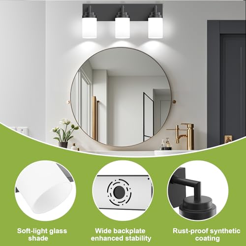 Image of Bathroom Light Fixtures, Matte Black Bathroom Lighting Fixtures Over Mirror, Modern Vanity Light with White Glass Shade, Restroom Lighting Fixtures, 3-Light 22-inch